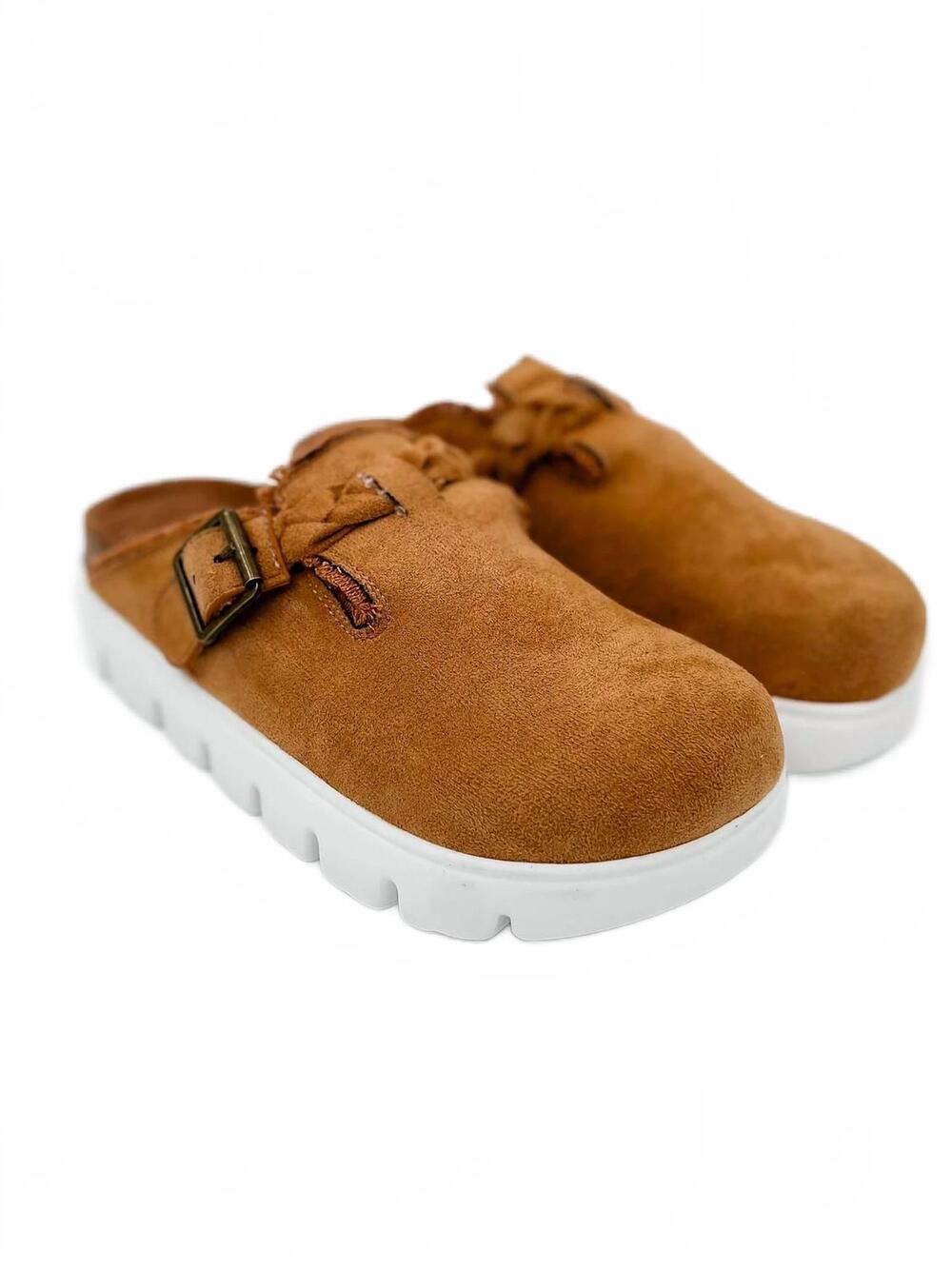 NEW VERY G women's braided buckle faux suede clogs in camel